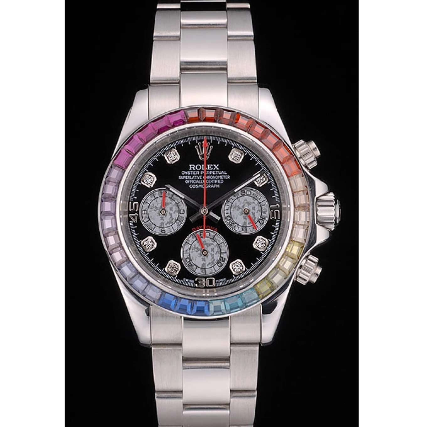 Aaa replica Rainbow 80250 Black Rolex Steep Stainless Cosmograph Dial Strap Bezel Daytona Crystals 0628
